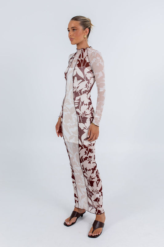 Rochelle Dress - Beige/Chocolate Brown Floral Mesh