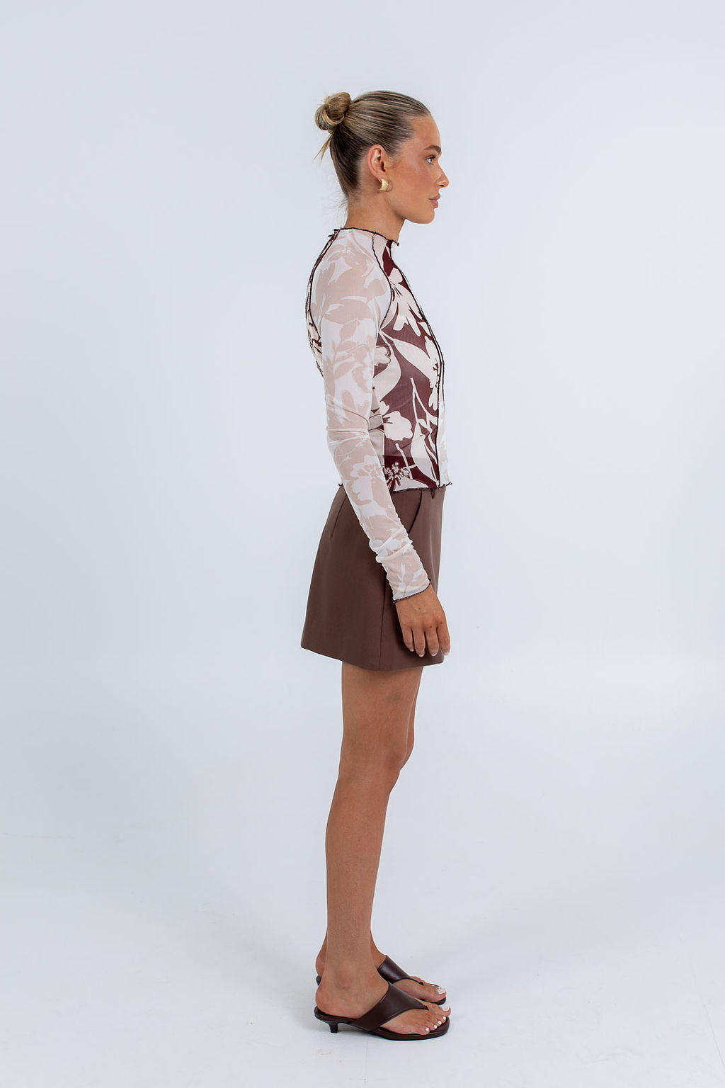 Quays Long-sleeve Top - Beige/Chocolate Brown Floral Mesh