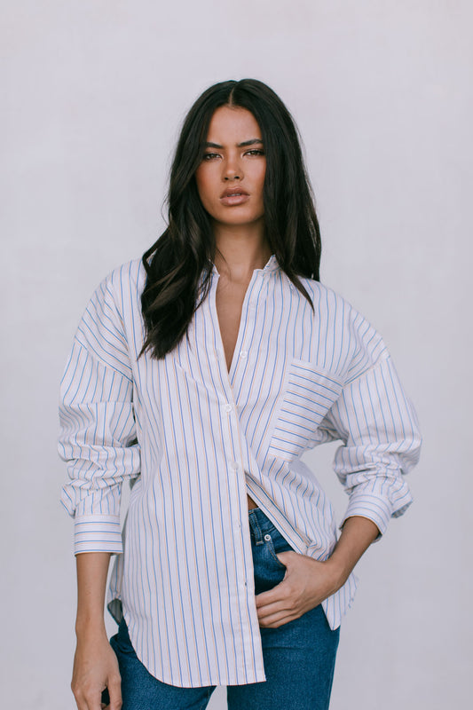 Declan Oversized Shirt - Blue/Mustard Stripe
