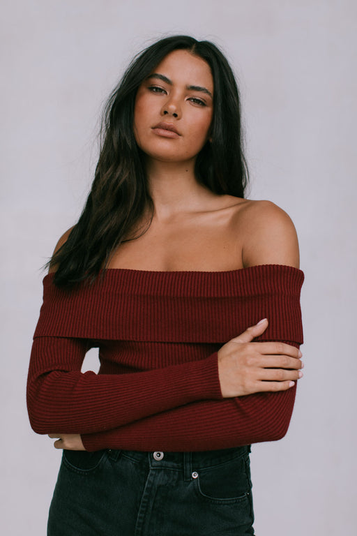 Kahlea Off-Shoulder Bodysuit - Burgandy Knit