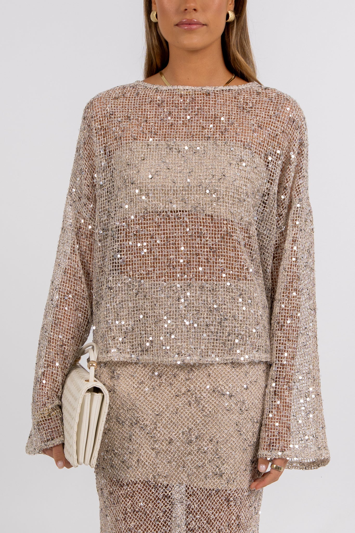 Mae Sequin Top Beige