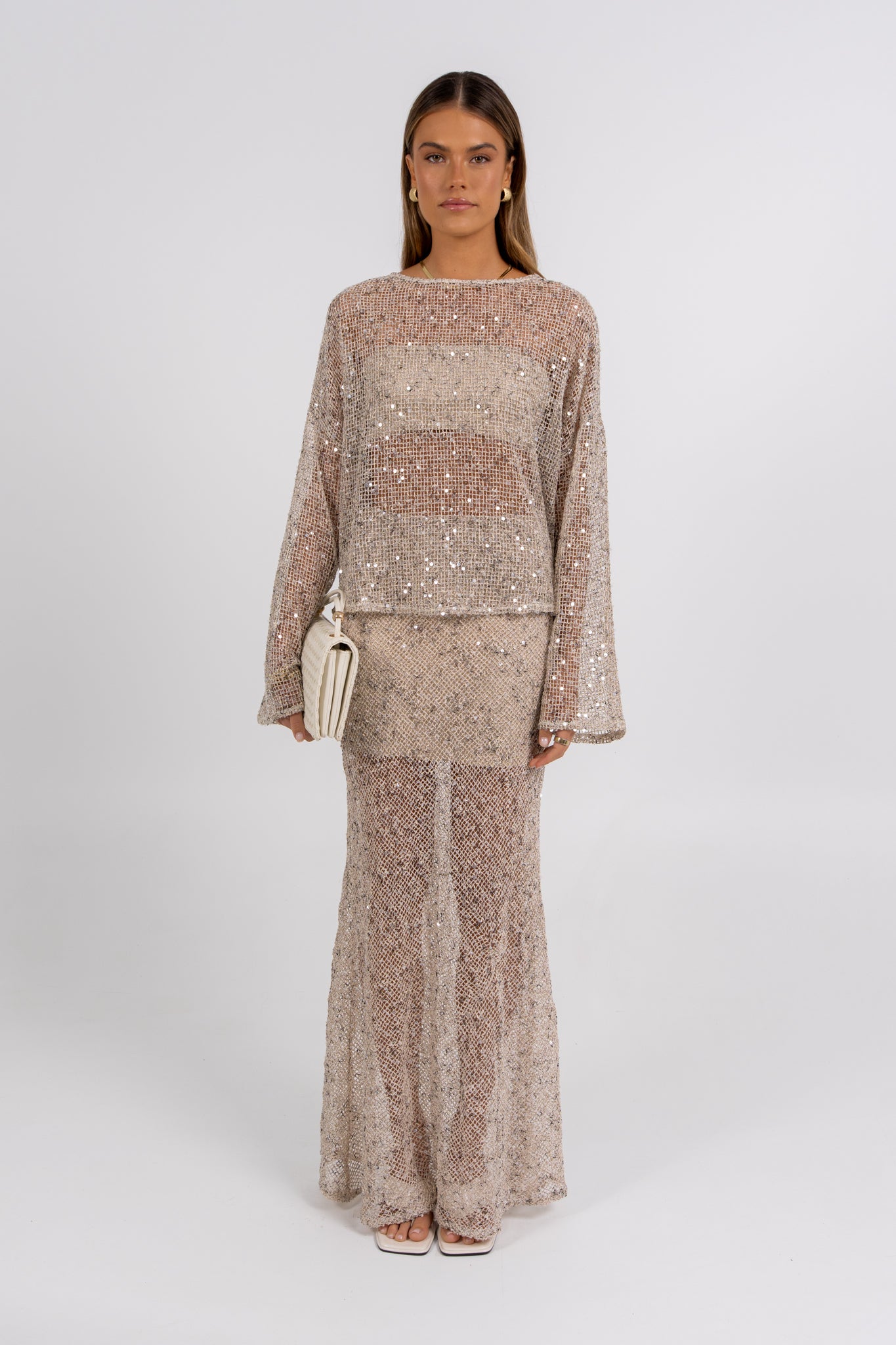 Mae Sequin Top Beige