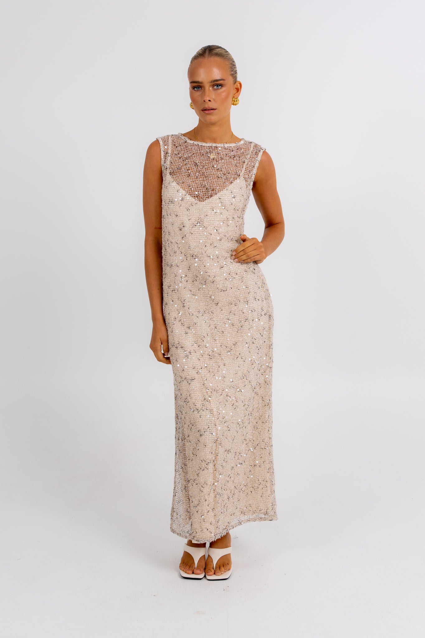 Zelia Sequin Maxi Dress Beige