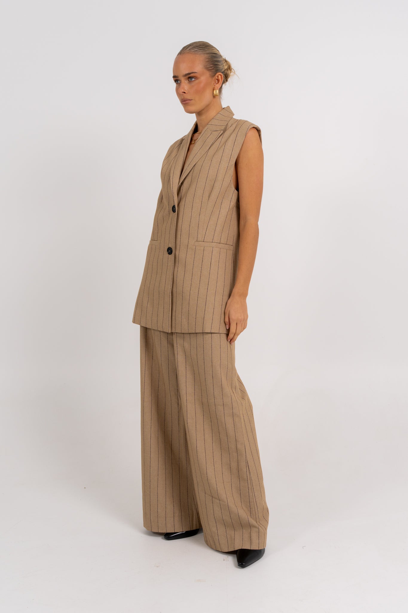 Josie Blazer Vest Beige Pinstripe