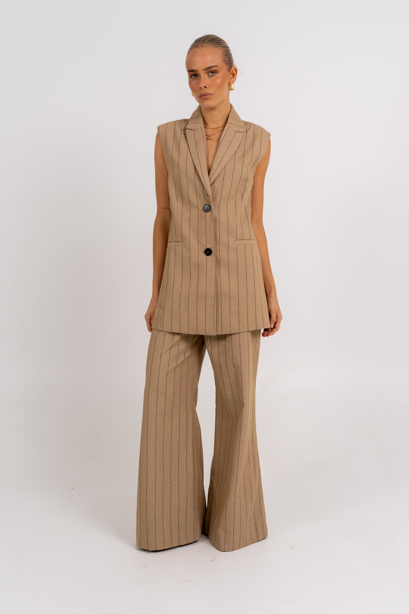 Josie Blazer Vest Beige Pinstripe