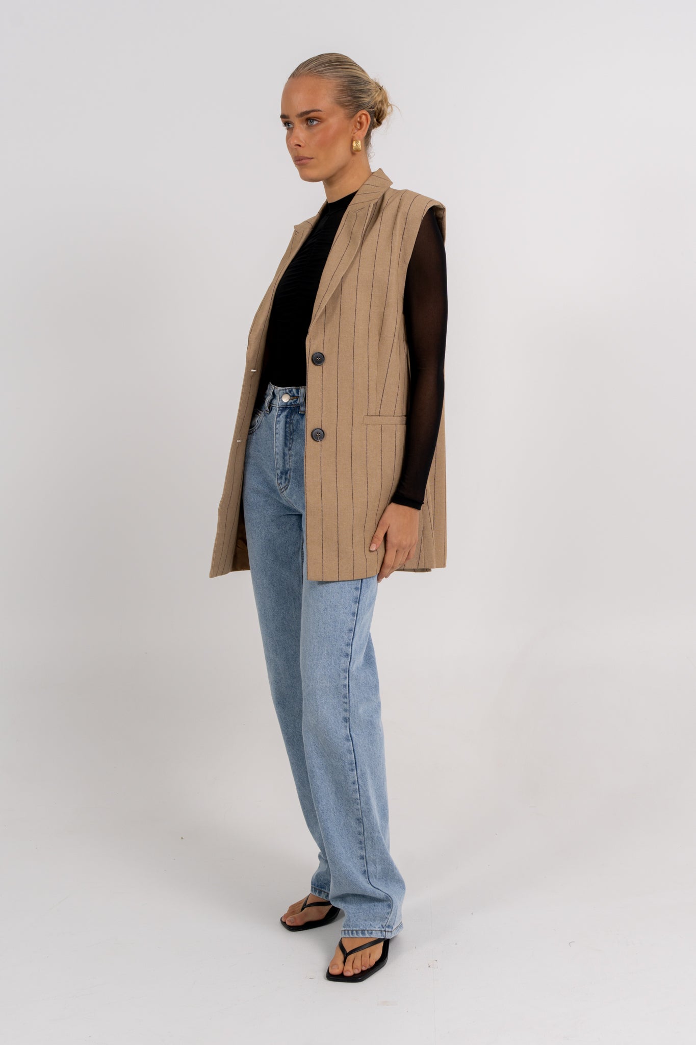 Josie Blazer Vest Beige Pinstripe