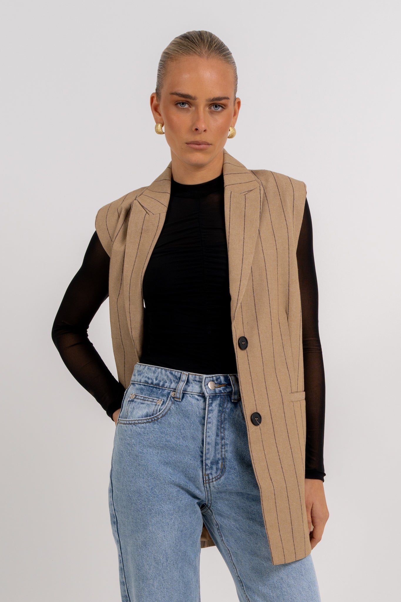Josie Blazer Vest Beige Pinstripe