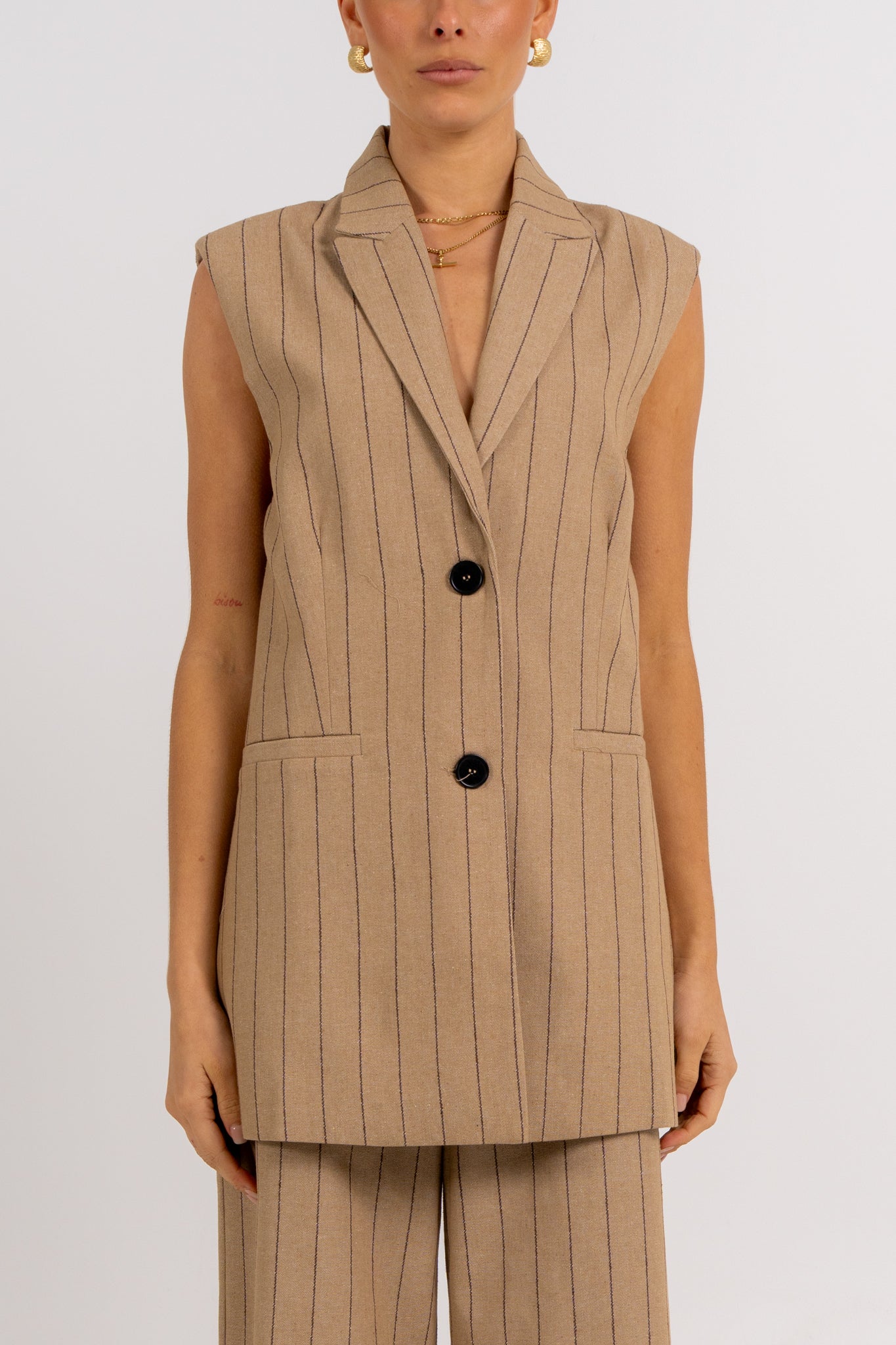 Josie Blazer Vest Beige Pinstripe