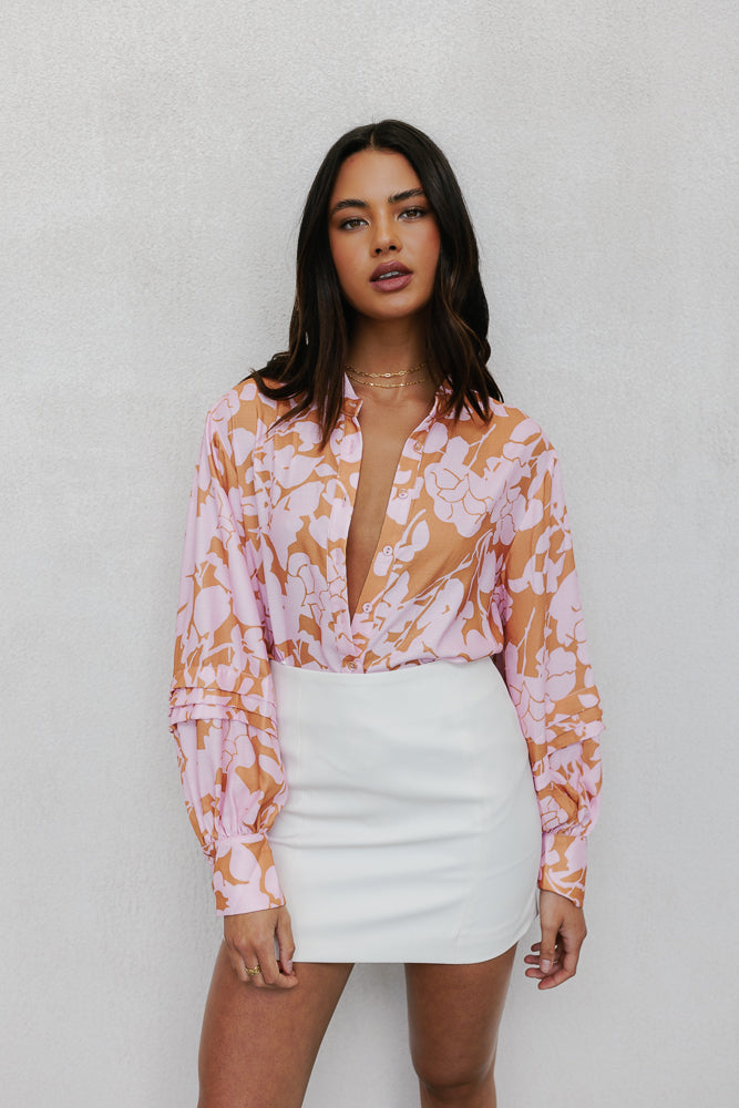 Maddox Shirt - Tan/Soft Pink Floral