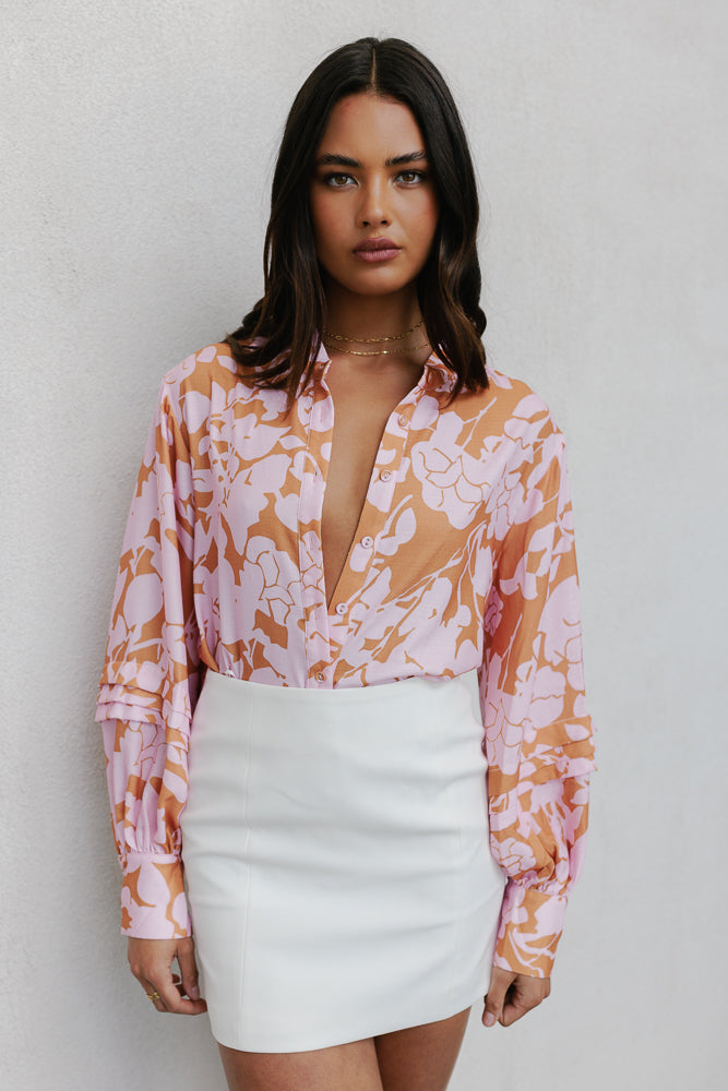 Maddox Shirt - Tan/Soft Pink Floral