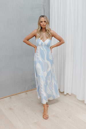 Xalapa Dress - Ivory/Blue Fan Print