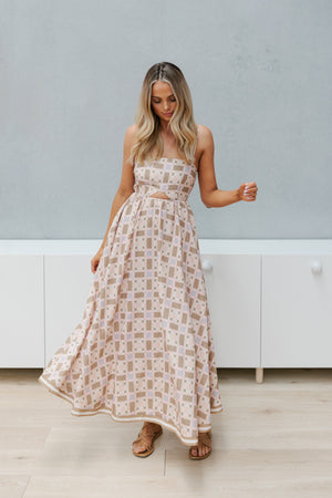 Elche Dress - Tan/Peach Tile Print