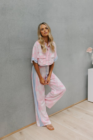 Esimio Cropped Shirt - Pink Floral/Blue Stripe