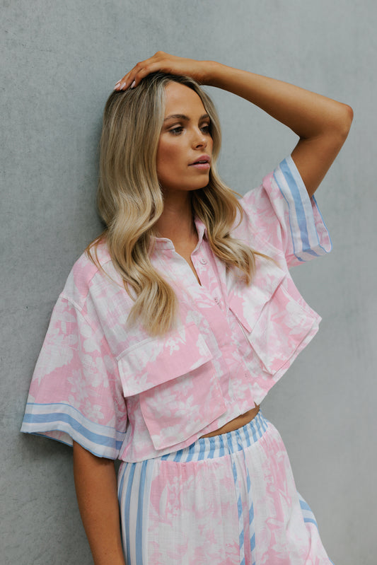 Esimio Cropped Shirt - Pink Floral/Blue Stripe