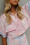 Esimio Cropped Shirt - Pink Floral/Blue Stripe