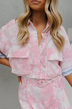 Esimio Cropped Shirt - Pink Floral/Blue Stripe
