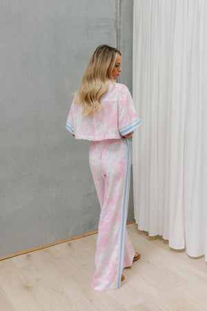 Esimio Cropped Shirt - Pink Floral/Blue Stripe
