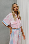 Esimio Cropped Shirt - Pink Floral/Blue Stripe