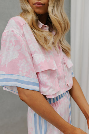 Esimio Cropped Shirt - Pink Floral/Blue Stripe