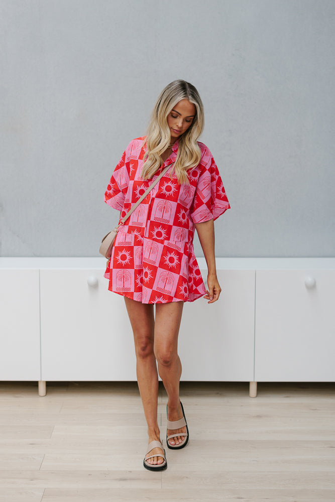 Leah Playsuit - Pink/Red Palm Print