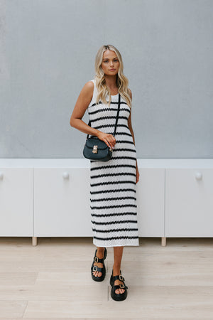 Odelia Dress - White/Black Stripe