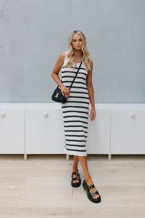 Odelia Dress - White/Black Stripe