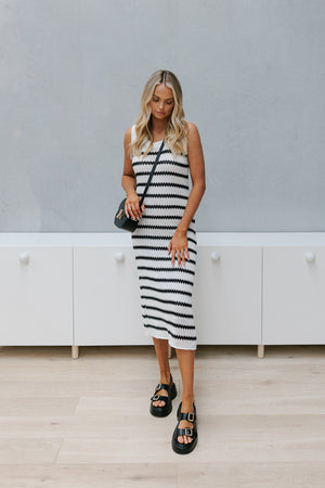 Odelia Dress - White/Black Stripe