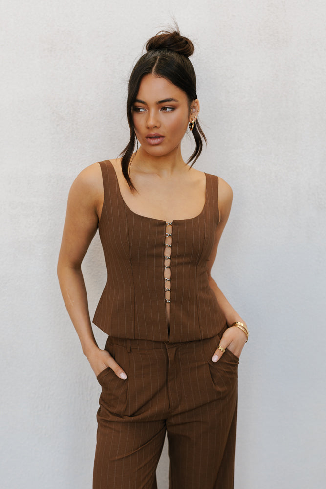 Amie Top Chocolate Pinstripe