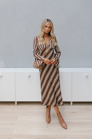 Queenie Dress - Beige/Brown Stripe