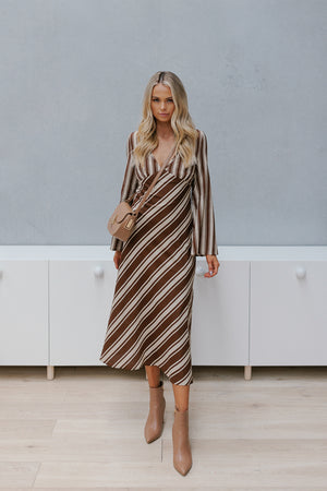 Queenie Dress - Beige/Brown Stripe