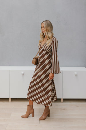 Queenie Dress - Beige/Brown Stripe