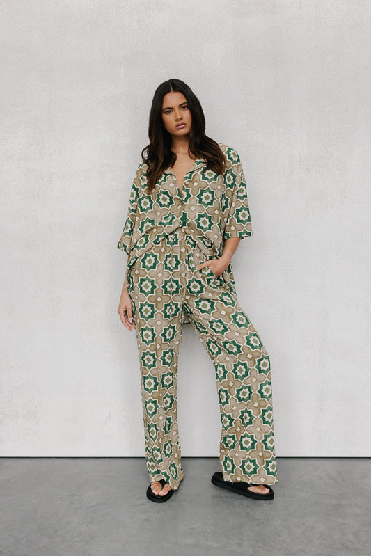 Rosalie Oversized Shirt - Khaki Tile Print