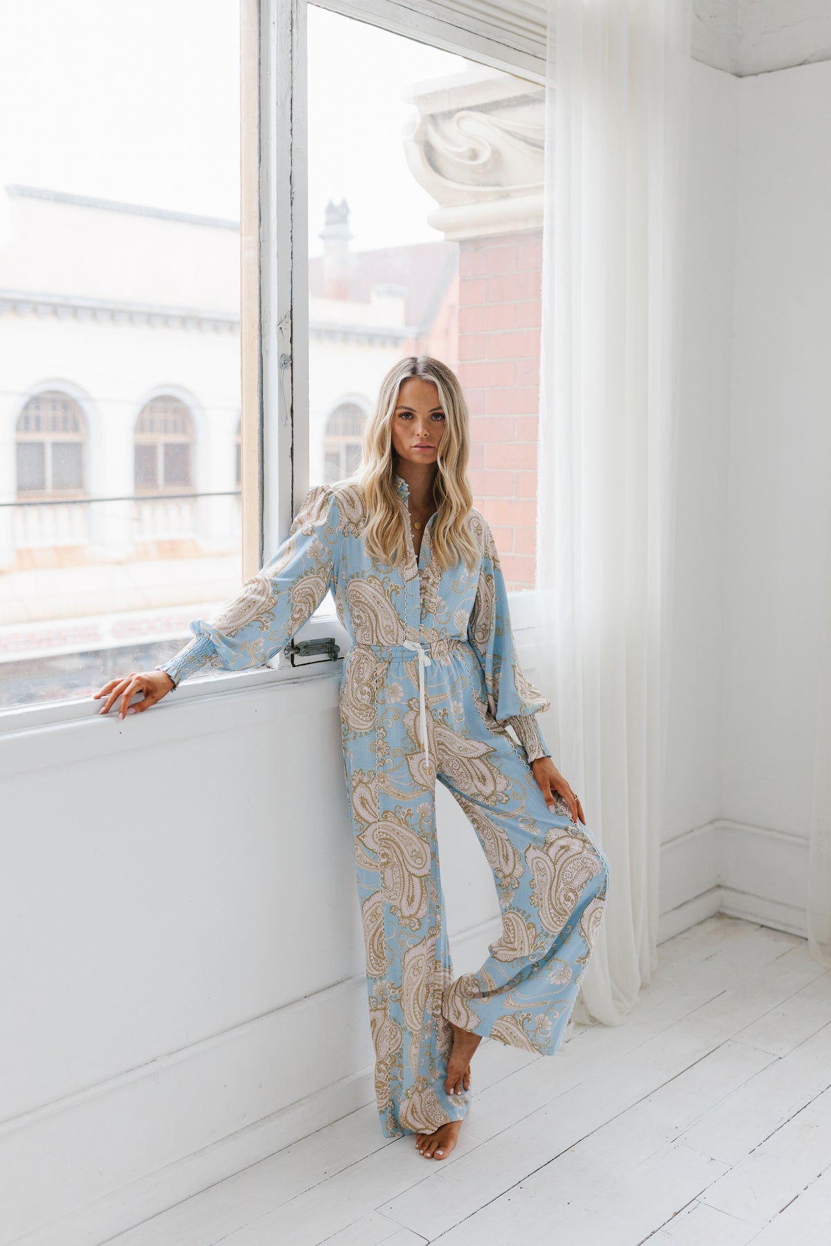 Giara Billowed Shirt Sky Blue Paisley Print