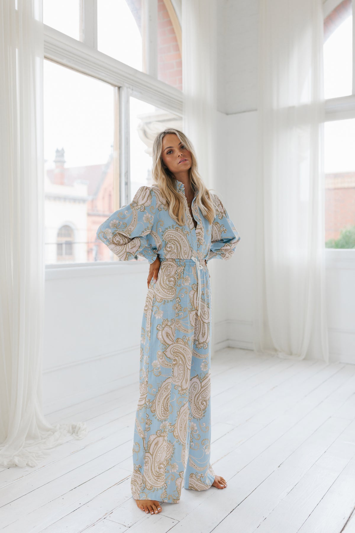 Giara Billowed Shirt Sky Blue Paisley Print