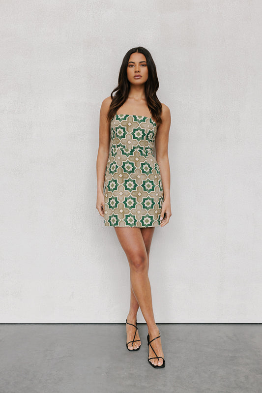 Isola Mini Dress - Khaki Tile Print