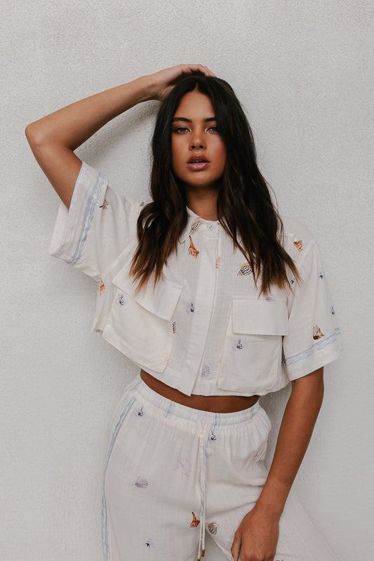 Esimio Cropped Shirt - Seashell Print/Watercolour Stripe