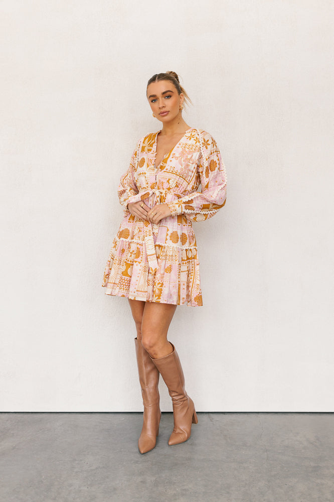 Wells Dress - Pink/Tan Print