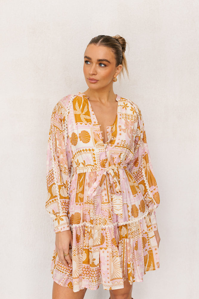 Wells Dress - Pink/Tan Print