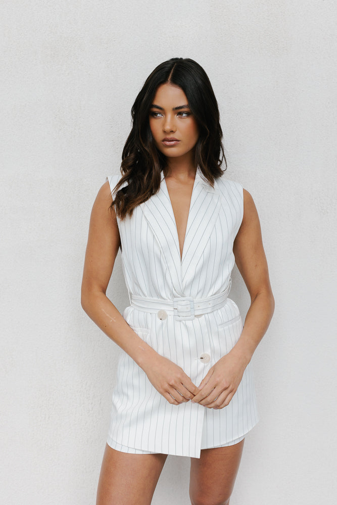 PRE ORDER MID-NOVEMBER - Cullen Blazer Dress - White Pinstripe