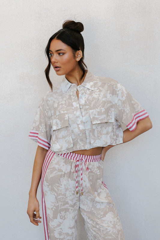 Citta Pants - Beige Floral/Red Stripe